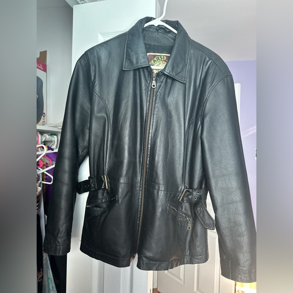 Vintage black genuine leather oversized jacket